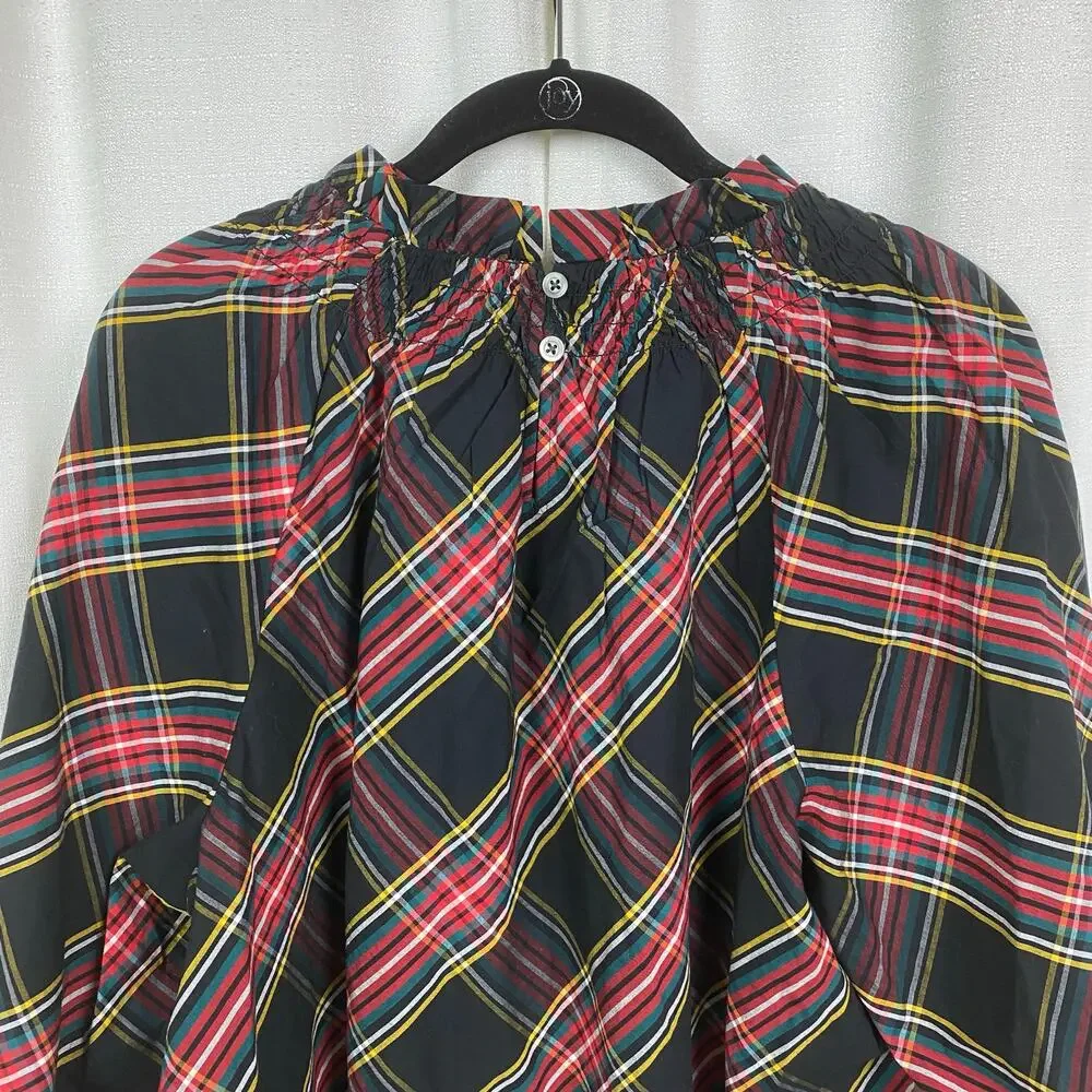 J.Crew Black&Red Holiday Plaid Puff Sleeve Blouse Sz.L NWT